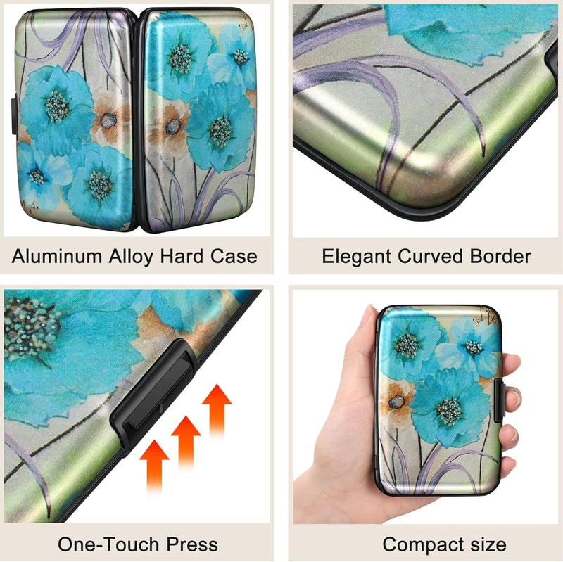 ELFISH Mini RFID Aluminum Wallet Credit Cards Holder Business Card Case Metal ID Case for Men Women(Blue Flower) - Image 3